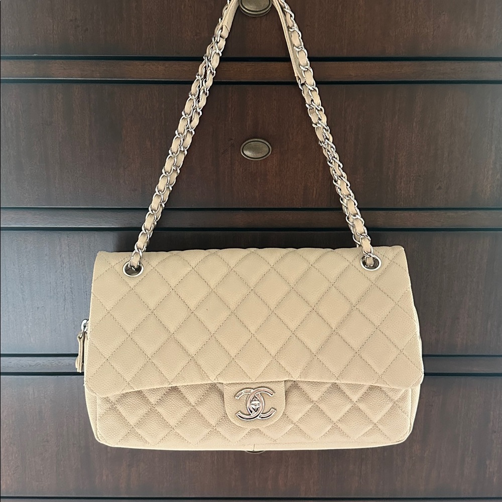Chanel Easy Flap Bag caviar quilted leather beige with silver chain